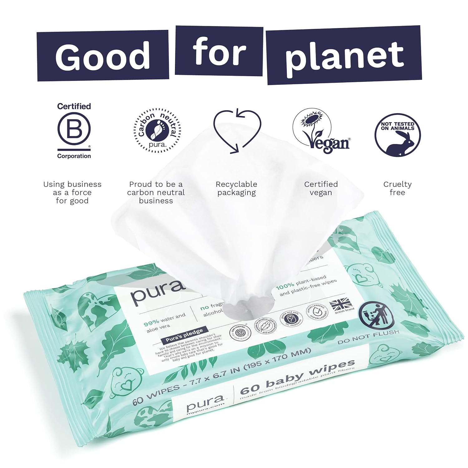 Baby Wipes 3 X 60 per Pack (180 Wipes) 100% Plastic-Free & Plant Based Wipes, 99% Water, Suitable for Sensitive & Eczema-Prone Skin, Fragrance Free & Hypoallergenic, EWG, Cruelty Free (Pack of 2)