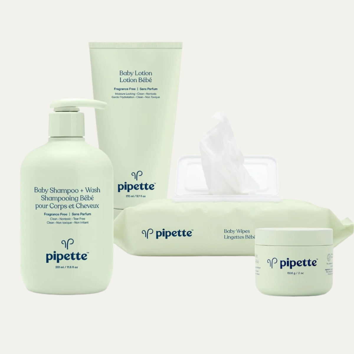 Pipette Newborn Baby Care Essentials Set, Clean, Fragrance-Free Shampoo +Wash, Fragrance-Free Lotion, Hydrating Baby Balm, Water-Based Baby Wipes, Sulfate & Paraben Free