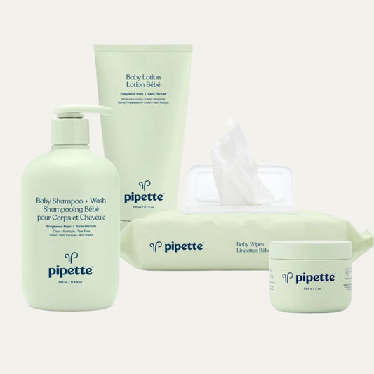 Pipette Newborn Baby Care Essentials Set, Clean, Fragrance-Free Shampoo +Wash, Fragrance-Free Lotion, Hydrating Baby Balm, Water-Based Baby Wipes, Sulfate & Paraben Free