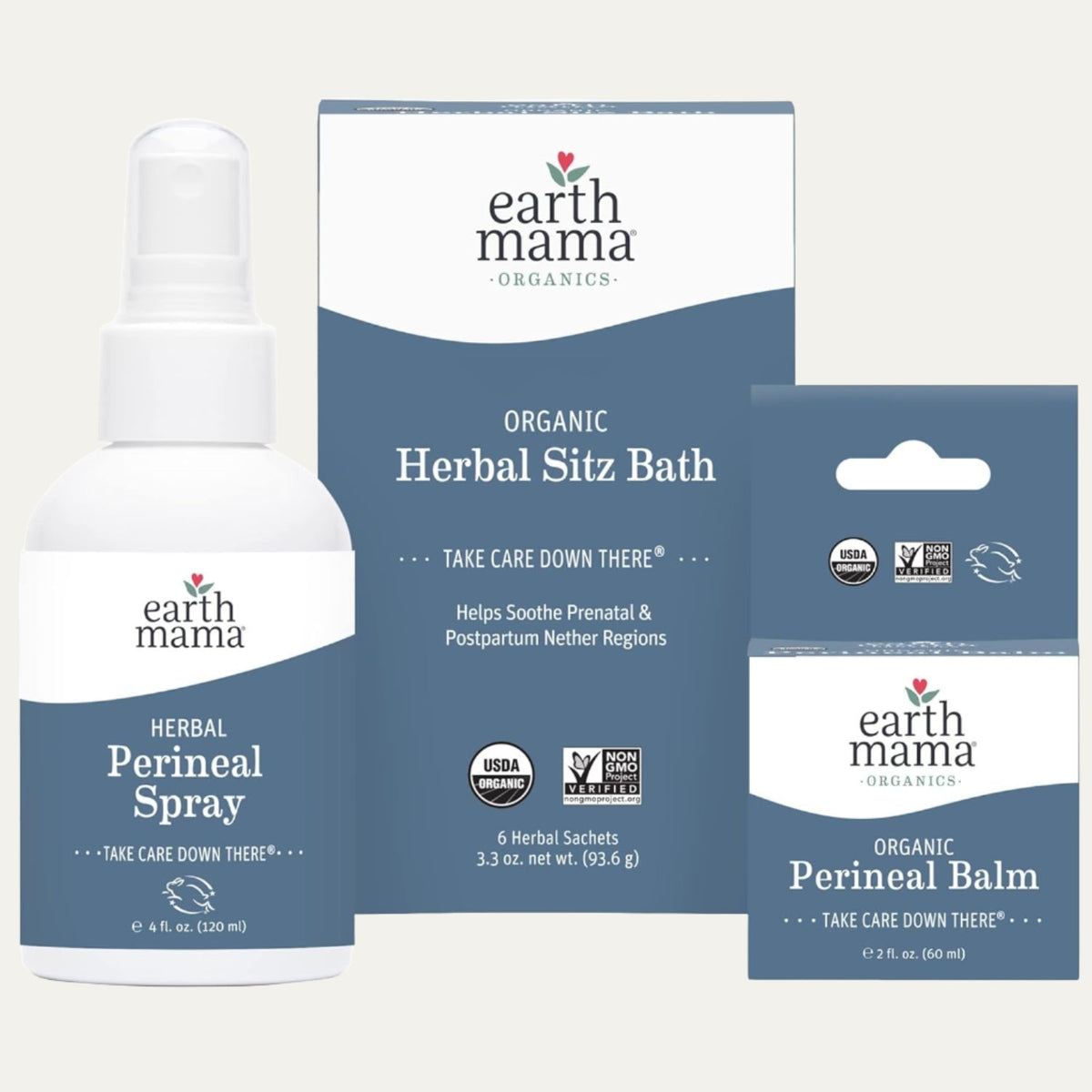 Earth Mama Postpartum Recovery Kit, Take Care down There® Trifecta with Organic Perineal Balm, Sitz Bath & Herbal Peri Spray, 3-Piece Set