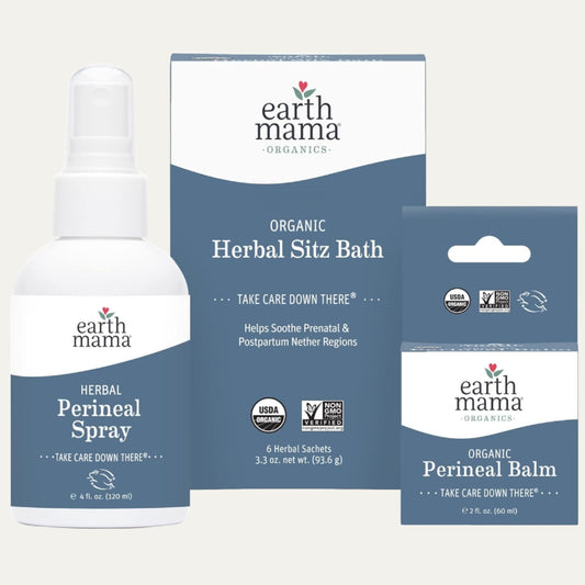 Earth Mama Postpartum Recovery Kit, Take Care down There® Trifecta with Organic Perineal Balm, Sitz Bath & Herbal Peri Spray, 3-Piece Set