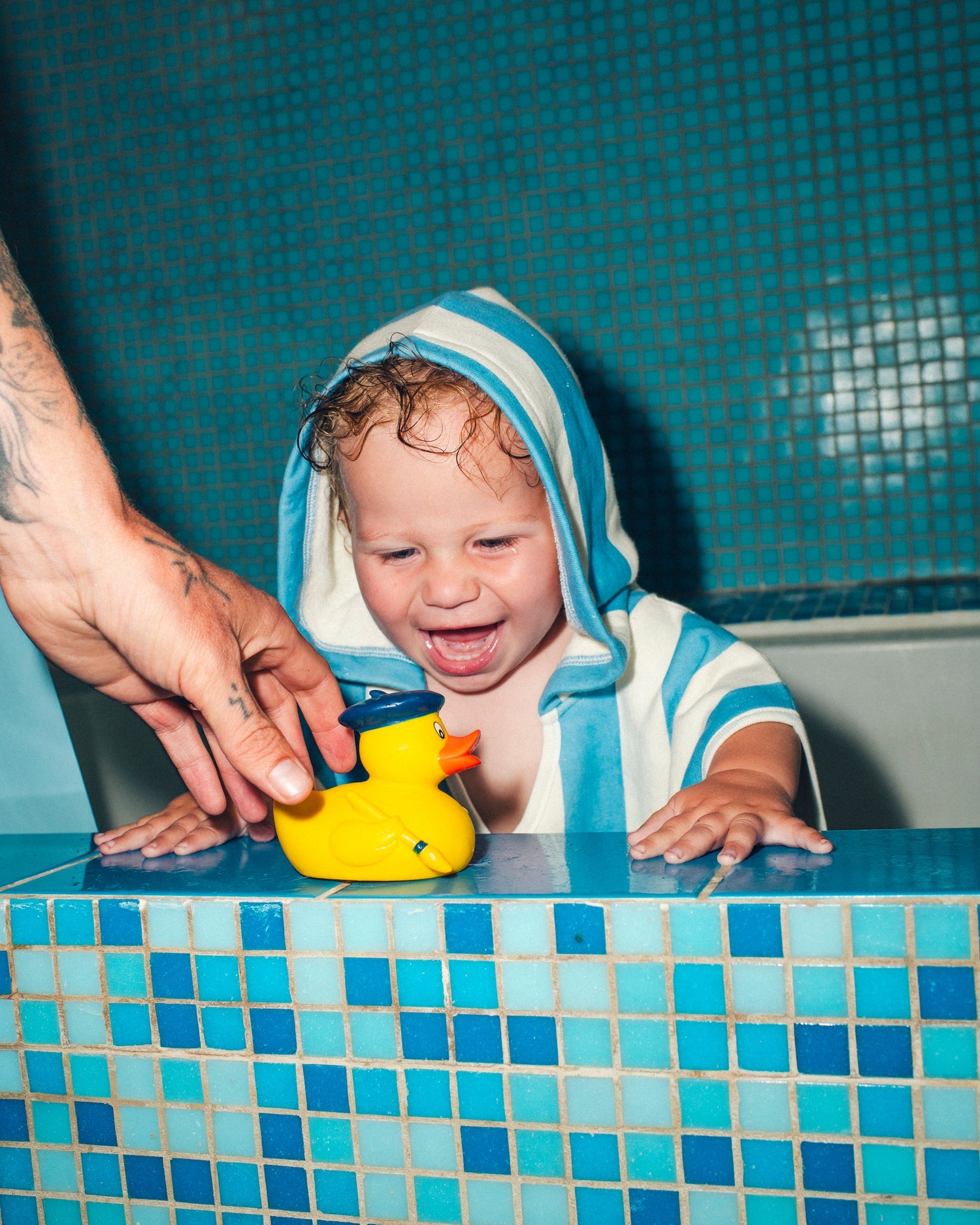 Organic Cotton Toddler Poncho Towel | Blue Wide Stripe