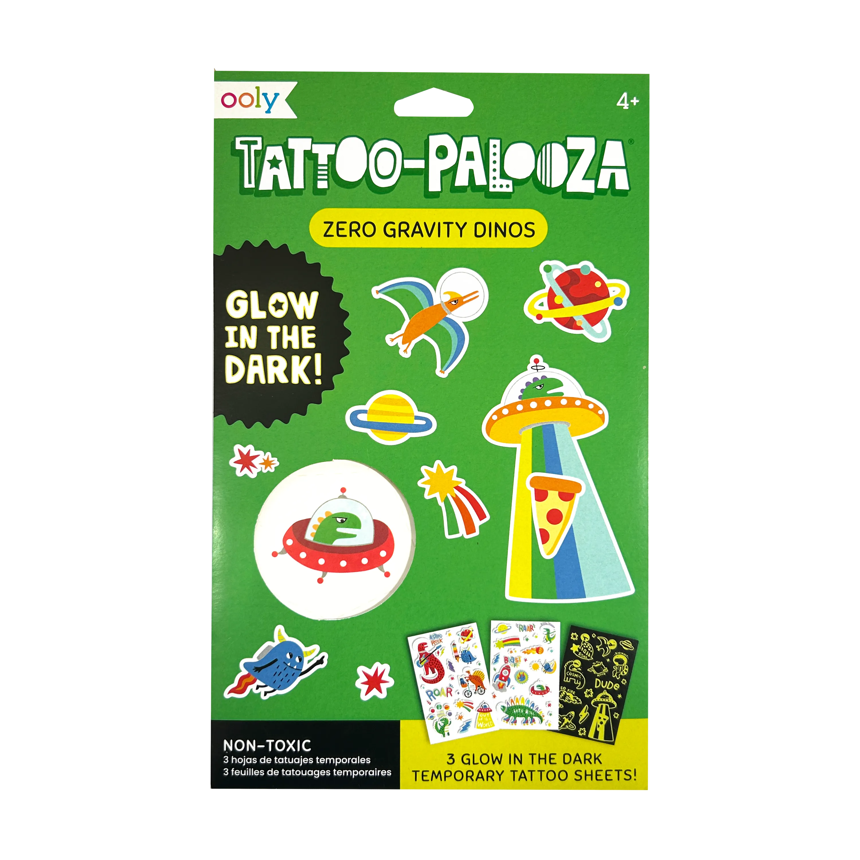 Tattoo-Palooza Glow in the Dark Temporary Tattoos - Zero Gravity Dinos - 3 Sheets