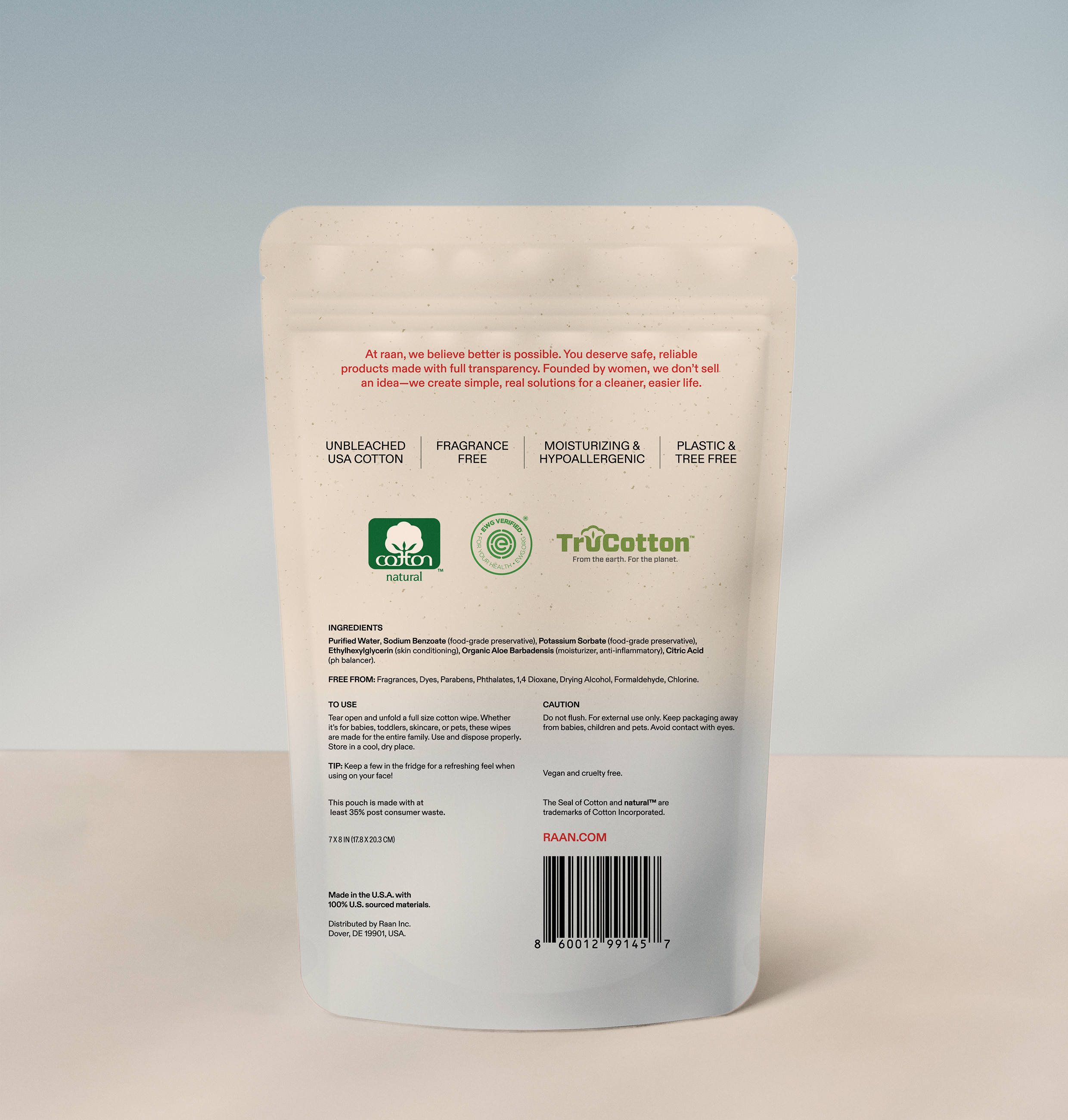 Unbleached, 100% Cotton Pocket Wipe for Sensitive Skin