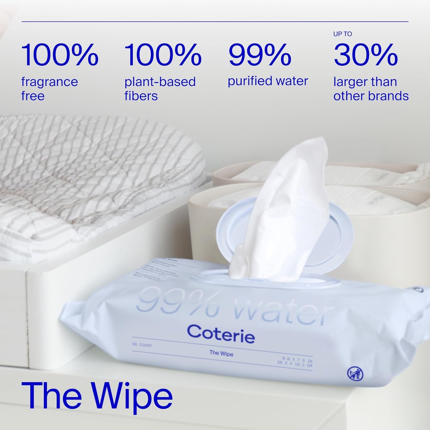 Coterie Baby Wipes, 16 Pack, 896 Count, Unscented Wipes, 99% Purified Water, Plastic-Free & Plant-Based Fibers, Fragrance Free Hypoallergenic Sensitive Skin Baby Essentials, Clean Ingredients