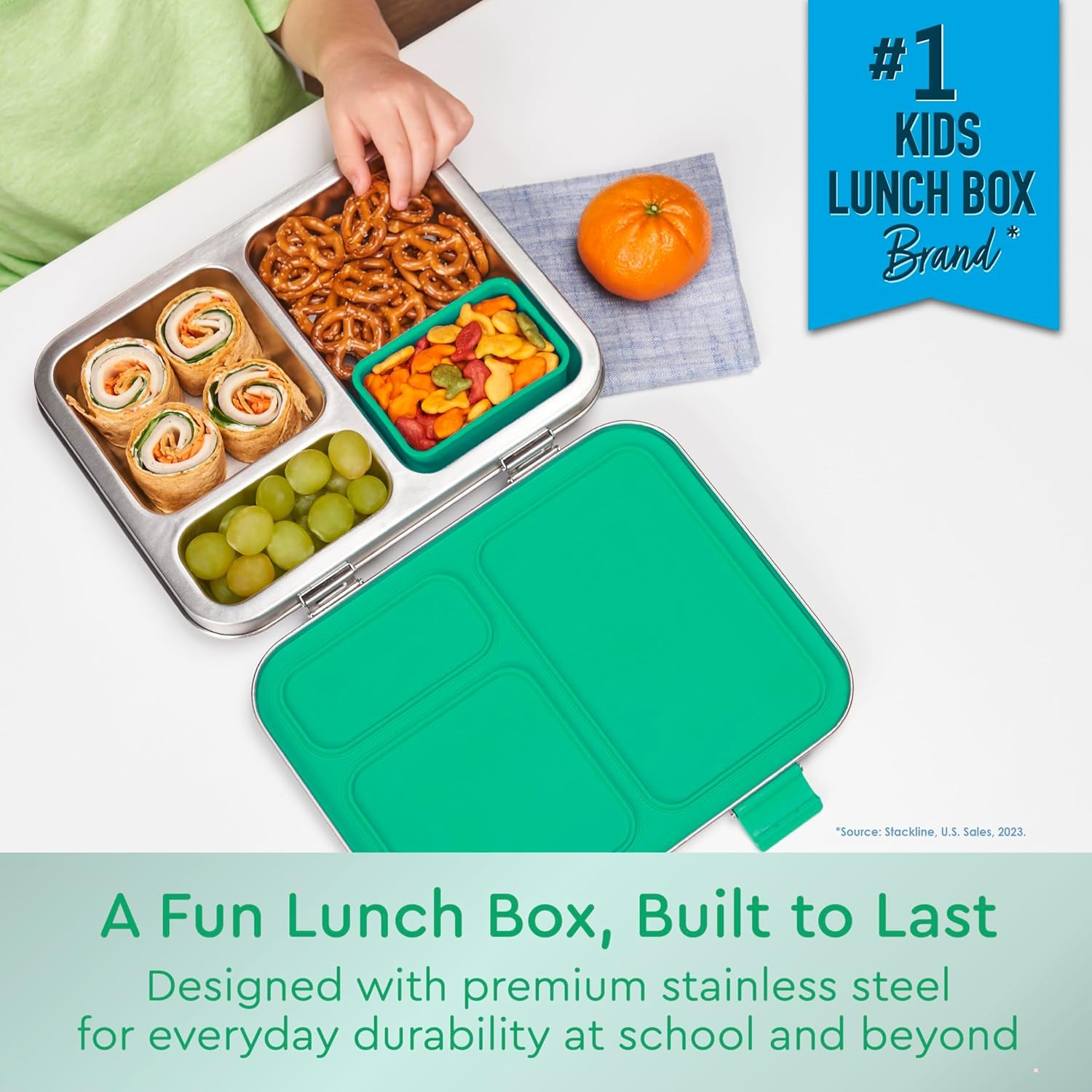 Bentgo Kids Stainless Steel Leak-Resistant Lunch Box - 3-Compartments with Bonus Silicone Container, Durable, Eco-Friendly, Dishwasher Safe, Bpa-Free, Ideal for School, Ages 3+ (Green)