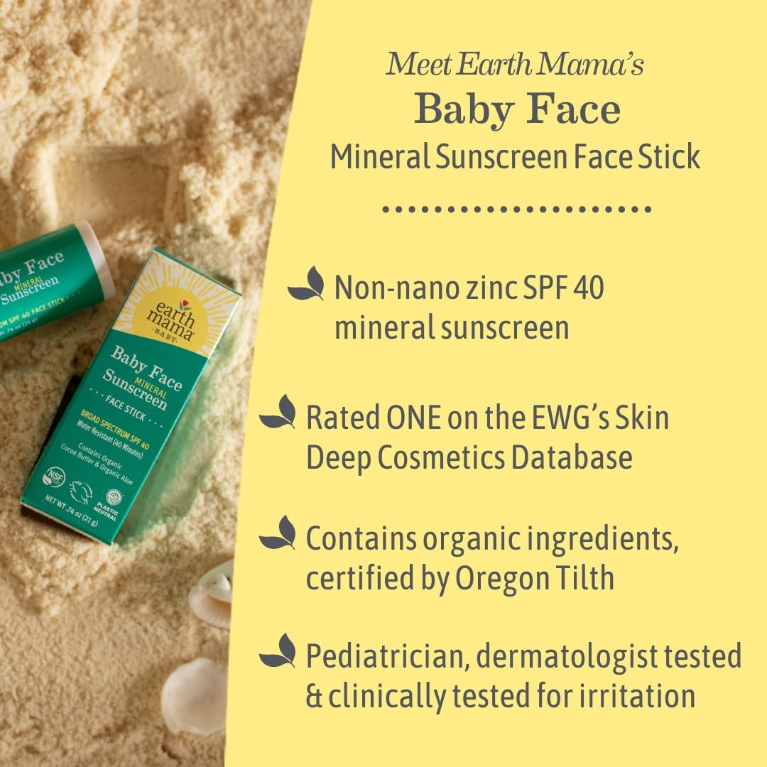 Earth Mama Baby Face Mineral Sunscreen Stick SPF 40 - (3 Pack) 0.74 Oz - Non-Nano Zinc - Broad Spectrum Sunscreen for Babies, Kids & Family - Water Resistant Sun Protection