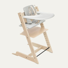 Stokke Tripp Trapp High Chair 2 (Natural), Cushion 2 (Nordic Grey) + Stokke Tray (White) - Includes Chair + Baby Set with Removable Harness for Children 6-36 Months