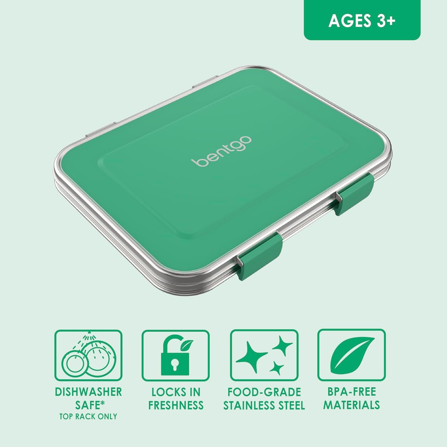 Bentgo Kids Stainless Steel Leak-Resistant Lunch Box - 3-Compartments with Bonus Silicone Container, Durable, Eco-Friendly, Dishwasher Safe, Bpa-Free, Ideal for School, Ages 3+ (Green)