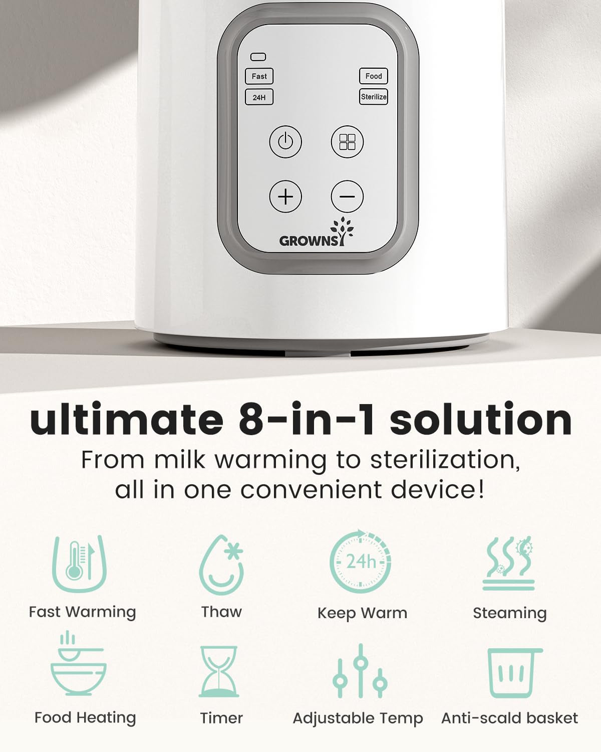 Bottle Warmer, GROWNSY 8-In-1 Fast Baby Milk Warmer with Timer for Breastmilk or Formula, Accurate Temperature Control, with Defrost, Sterili-Zing, Keep, Heat Baby Food Jars Function