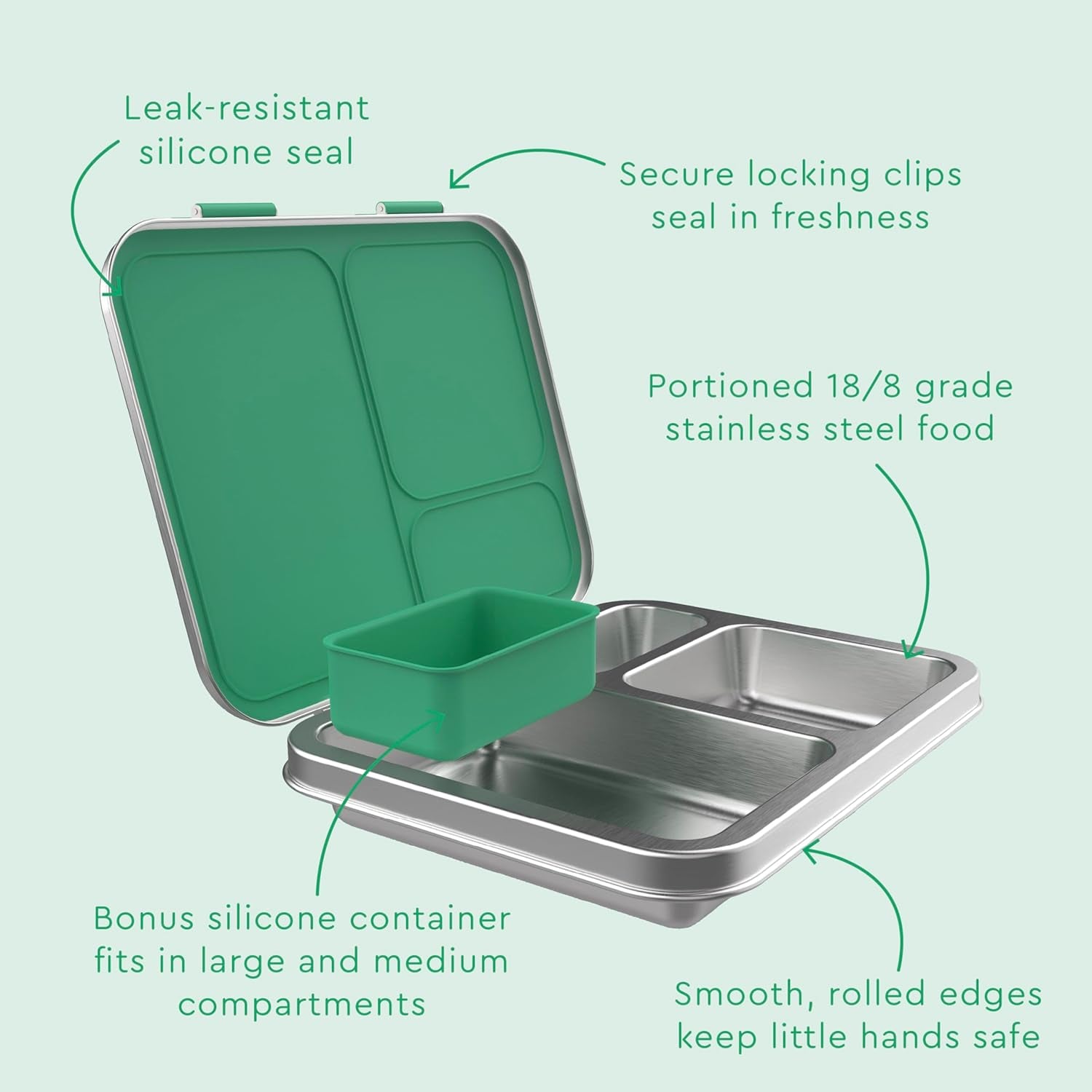 Bentgo Kids Stainless Steel Leak-Resistant Lunch Box - 3-Compartments with Bonus Silicone Container, Durable, Eco-Friendly, Dishwasher Safe, Bpa-Free, Ideal for School, Ages 3+ (Green)