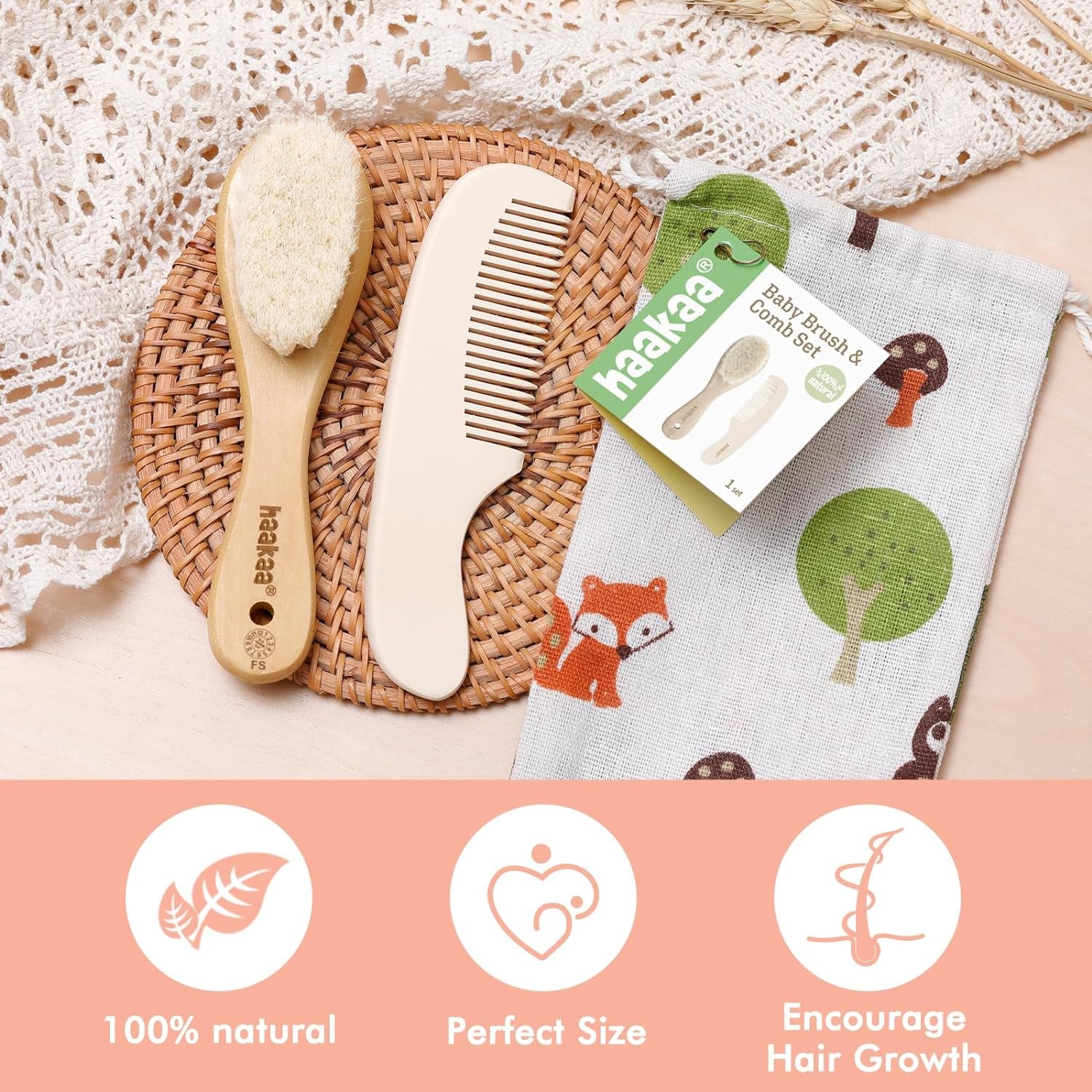 Haakaa Baby Hair Brush and Comb Set for Newborns & Toddlers - Natural Soft Goat Bristles and Wooden Handle, Gently Grooms Baby'S Hair, Ideal for Cradle Cap, Perfect Baby Gift, 2Pk