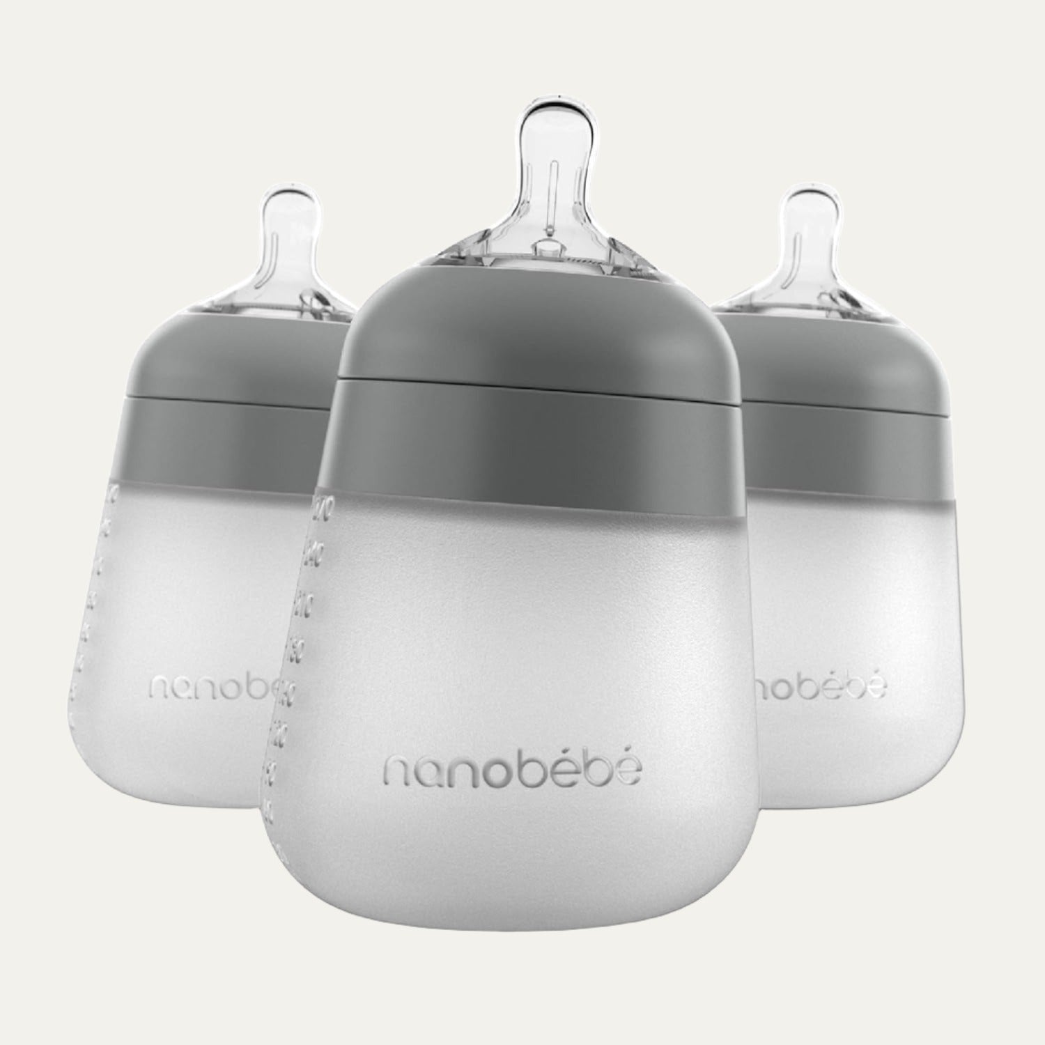 Nanobébé Flexy Silicone Baby Bottle, Anti-Colic, Natural Feel, Non-Collapsing Nipple, Non-Tip Stable Base, Easy to Clean, 3-Pack, Gray, 9Oz