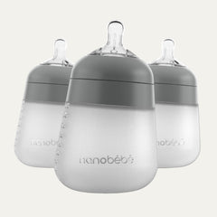 Nanobébé Flexy Silicone Baby Bottle, Anti-Colic, Natural Feel, Non-Collapsing Nipple, Non-Tip Stable Base, Easy to Clean, 3-Pack, Gray, 9Oz