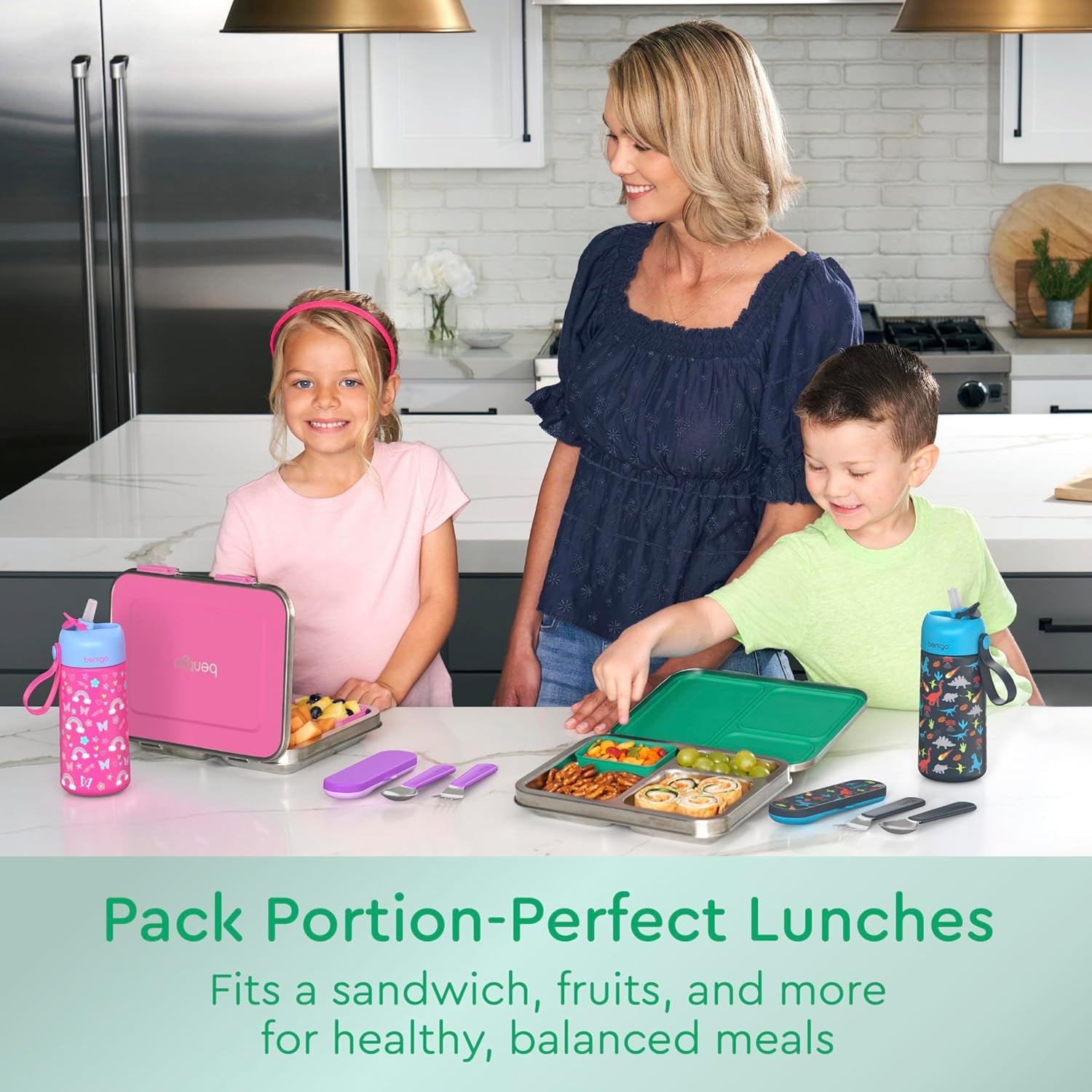 Bentgo Kids Stainless Steel Leak-Resistant Lunch Box - 3-Compartments with Bonus Silicone Container, Durable, Eco-Friendly, Dishwasher Safe, Bpa-Free, Ideal for School, Ages 3+ (Green)