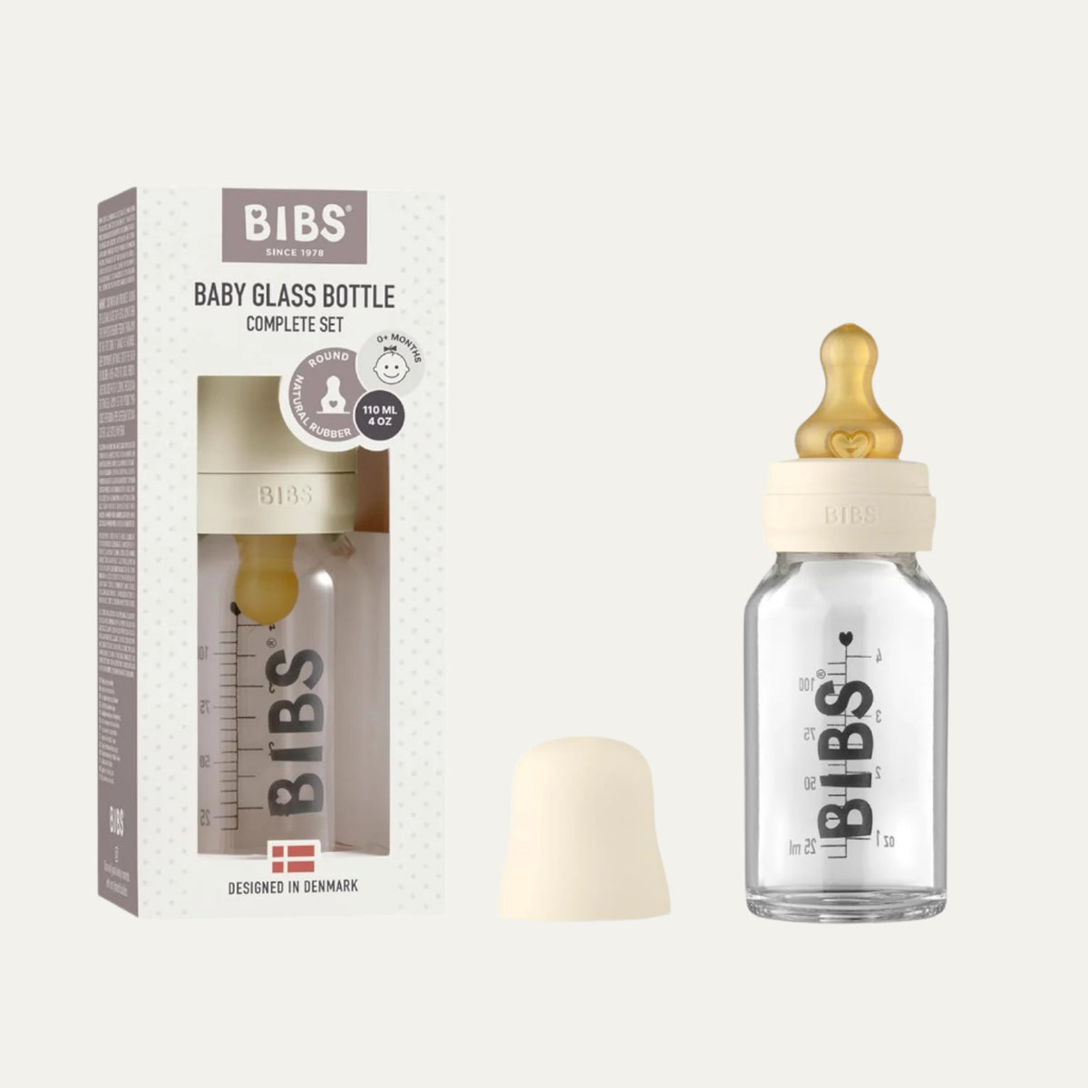 BIBS Baby Glass Bottle Complete Set 110 Ml | BPA Free Natural Rubber | Made in Denmark | Blush