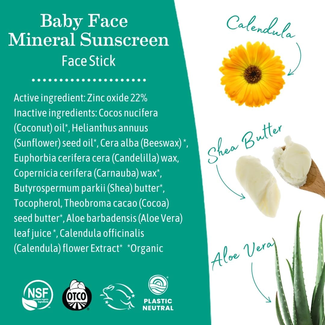 Earth Mama Baby Face Mineral Sunscreen Stick SPF 40 - (3 Pack) 0.74 Oz - Non-Nano Zinc - Broad Spectrum Sunscreen for Babies, Kids & Family - Water Resistant Sun Protection