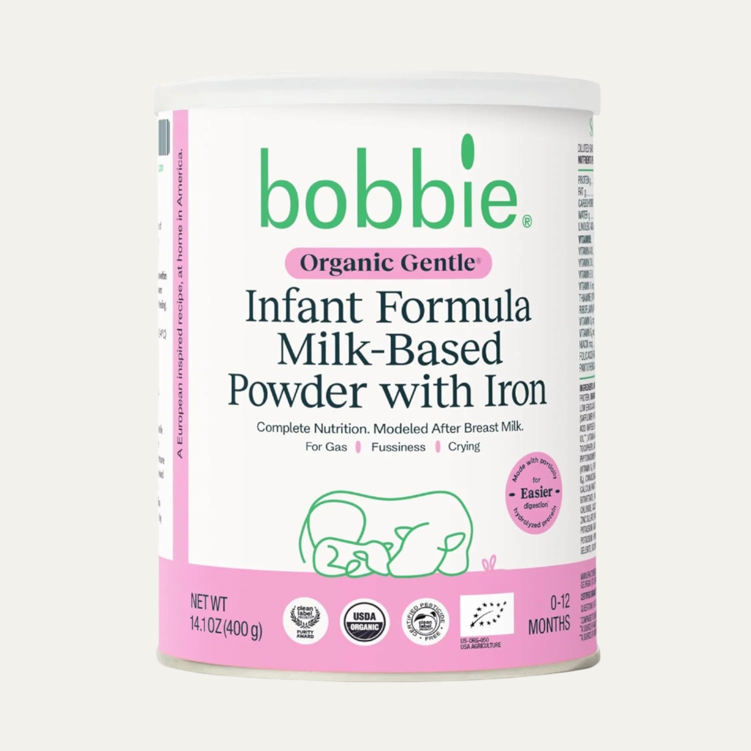 Bobbie Organic Gentle Infant Formula, Milk Based Powder with Iron, DHA, Vitamin D & 100% Lactose like Breast Milk, for Fusiness, Crying & Digestive Health, Newborn Baby-12 Months Old, 14.1 Oz, 1 Pack