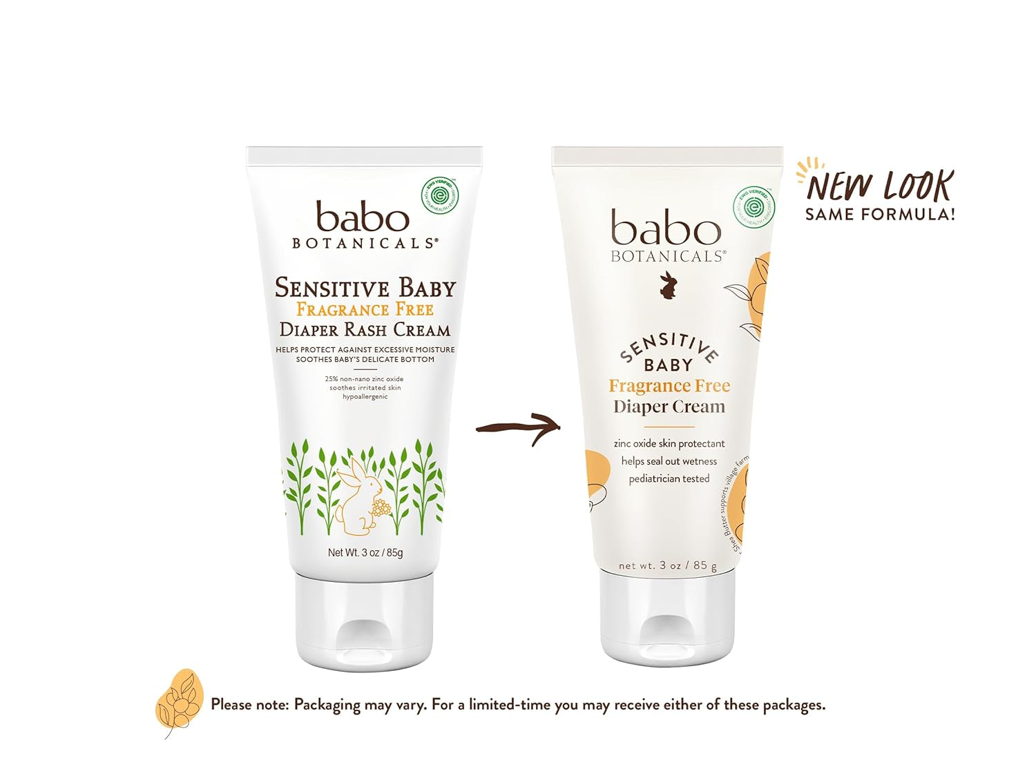 BABO Botanicals Sensitive Baby Fragrance-Free Diaper Cream - 25% Natural Zinc Oxide - Calendula, Shea & Cocoa Butter - EWG Verified - Vegan- from Birth on - 1 or 2 Pack