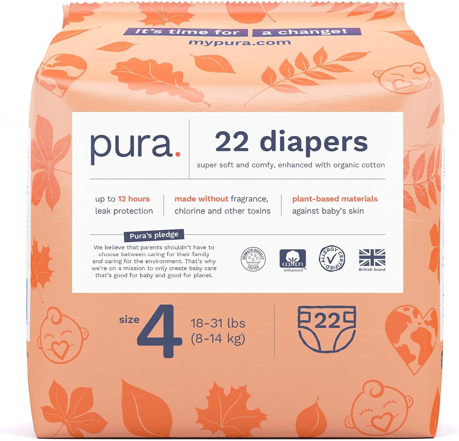 Pura Size 1 Eco-Friendly Diapers, Hypoallergenic, Soft Organic Cotton Comfort, Sustainable, Wetness Indicator Allergy UK, Recyclable Packaging, 96 Count