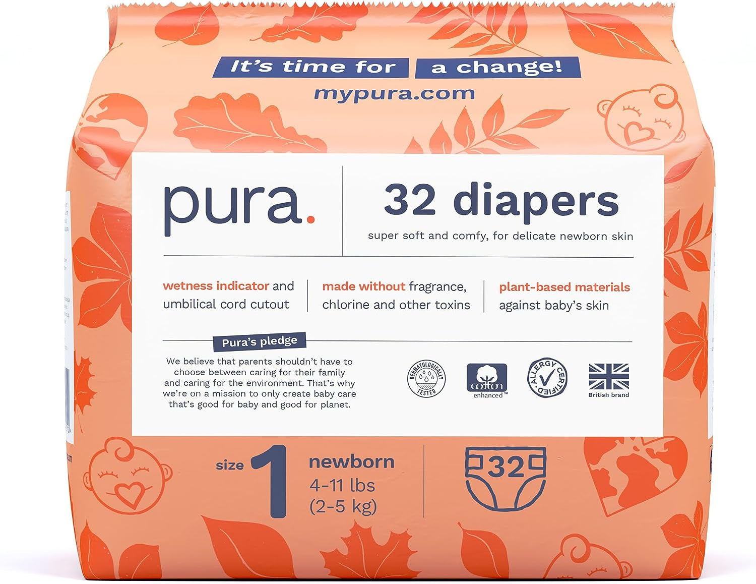 Pura Size 1 Eco-Friendly Diapers, Hypoallergenic, Soft Organic Cotton Comfort, Sustainable, Wetness Indicator Allergy UK, Recyclable Packaging, 96 Count