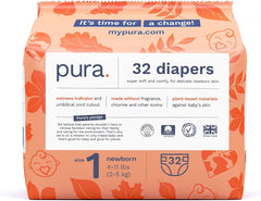 Pura Size 1 Eco-Friendly Diapers, Hypoallergenic, Soft Organic Cotton Comfort, Sustainable, Wetness Indicator Allergy UK, Recyclable Packaging, 96 Count