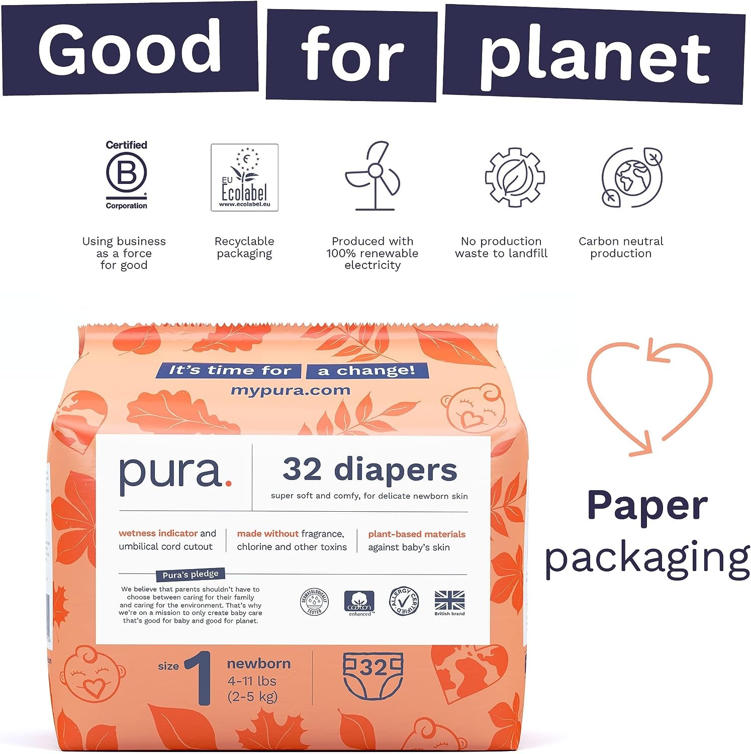 Pura Size 1 Eco-Friendly Diapers, Hypoallergenic, Soft Organic Cotton Comfort, Sustainable, Wetness Indicator Allergy UK, Recyclable Packaging, 96 Count