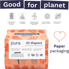 Pura Size 1 Eco-Friendly Diapers, Hypoallergenic, Soft Organic Cotton Comfort, Sustainable, Wetness Indicator Allergy UK, Recyclable Packaging, 96 Count