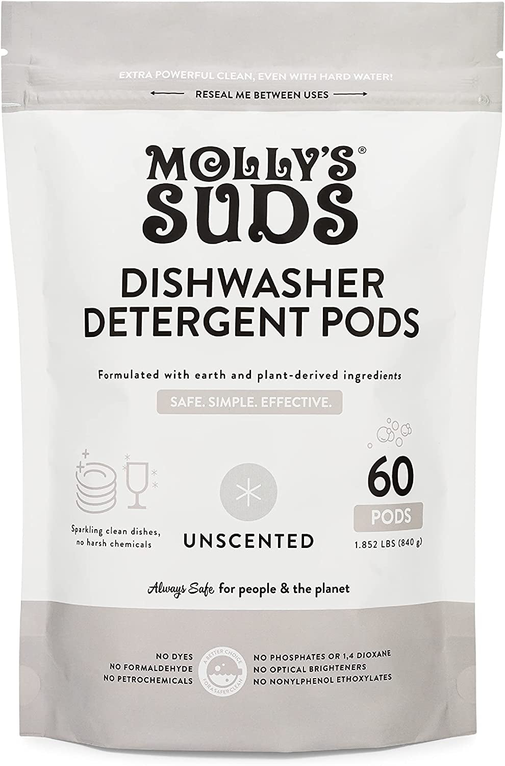 Molly'S Suds Dishwasher Pods | Natural Dishwasher Detergent, Cuts Grease & Rinses Clean (Residue-Free) for Sparkling Dishes | 120 Auto-Release Tabs (Unscented)