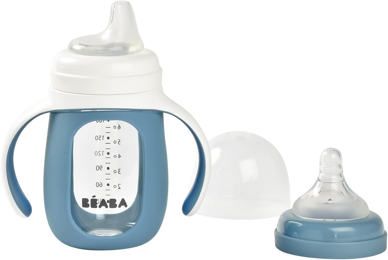 BEABA 2-In-1 Glass Baby Bottle to Glass Training Sippy Cup, Learning Cup, Baby Bottle with Soft Silicone Nipple and Sippy Spout, Baby, Toddler 7 Oz (Rain)