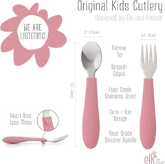 Elk and Friends Kids Silverware with Silicone Handle | Childrens Safe Flatware | Toddler Utensils | Baby Spoons + Forks | Stainless Steel Cutlery