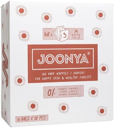 Joonya Baby Diapers, Size 4 L (15-31 Lb) - 6 Bags of 25 (150) - **New Range** - Nontoxic, Eco-Friendly, Ultra Slim, Overnight Use - Made in Denmark