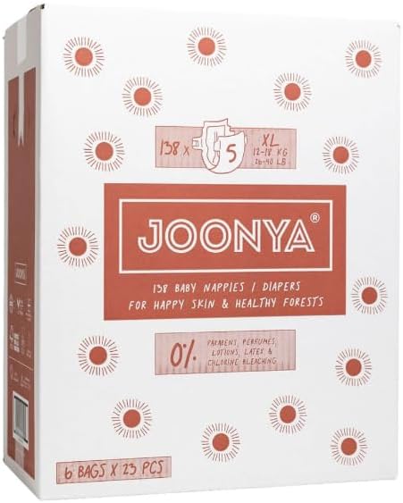 Joonya Baby Diapers, Size 4 L (15-31 Lb) - 6 Bags of 25 (150) - **New Range** - Nontoxic, Eco-Friendly, Ultra Slim, Overnight Use - Made in Denmark