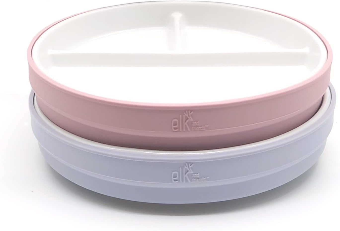 Elk and Friends Kids 7.8” Porcelain White Plates with Silicone Sleeves | Divided Plates | Suitable for Kids/Toddlers | Microwave & Dishwasher Safe | Non Slip | Snack Dishes