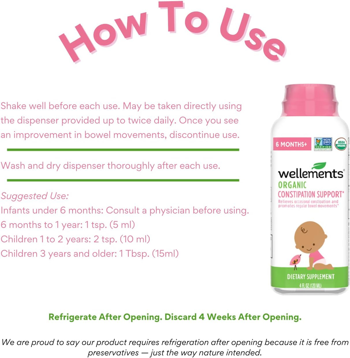 Wellements Organic Baby Constipation Support Relieves Occasional Constipation for Infants & Toddlers, No Harsh Laxatives, USDA Certified Organic, 4 Fl Oz (Pack of 2), 6 Months +