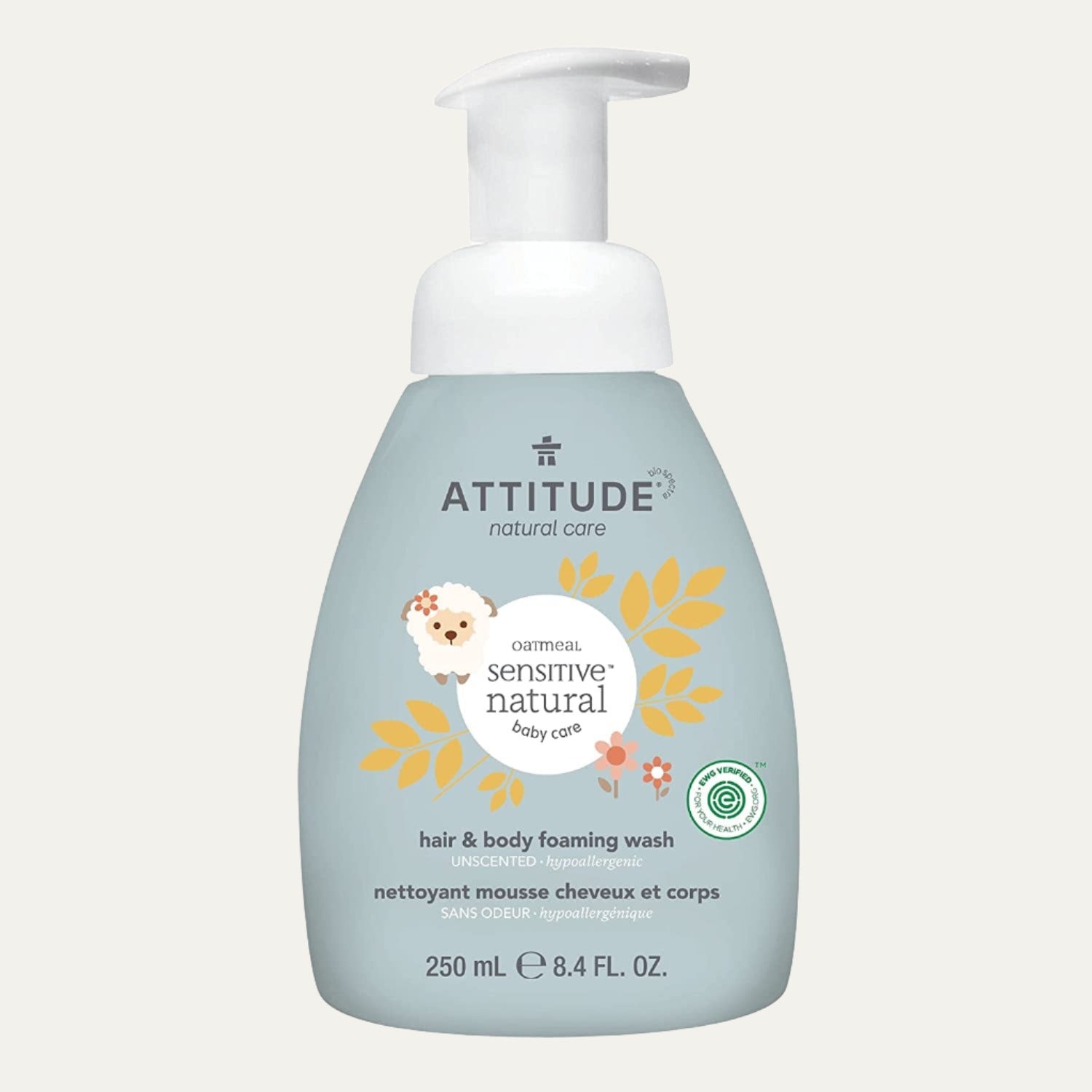 ATTITUDE 2-In-1 Natural Hair and Body Foaming Wash Baby, Fragrance Free, 8.4 Fluid Ounce (ATT-60660)