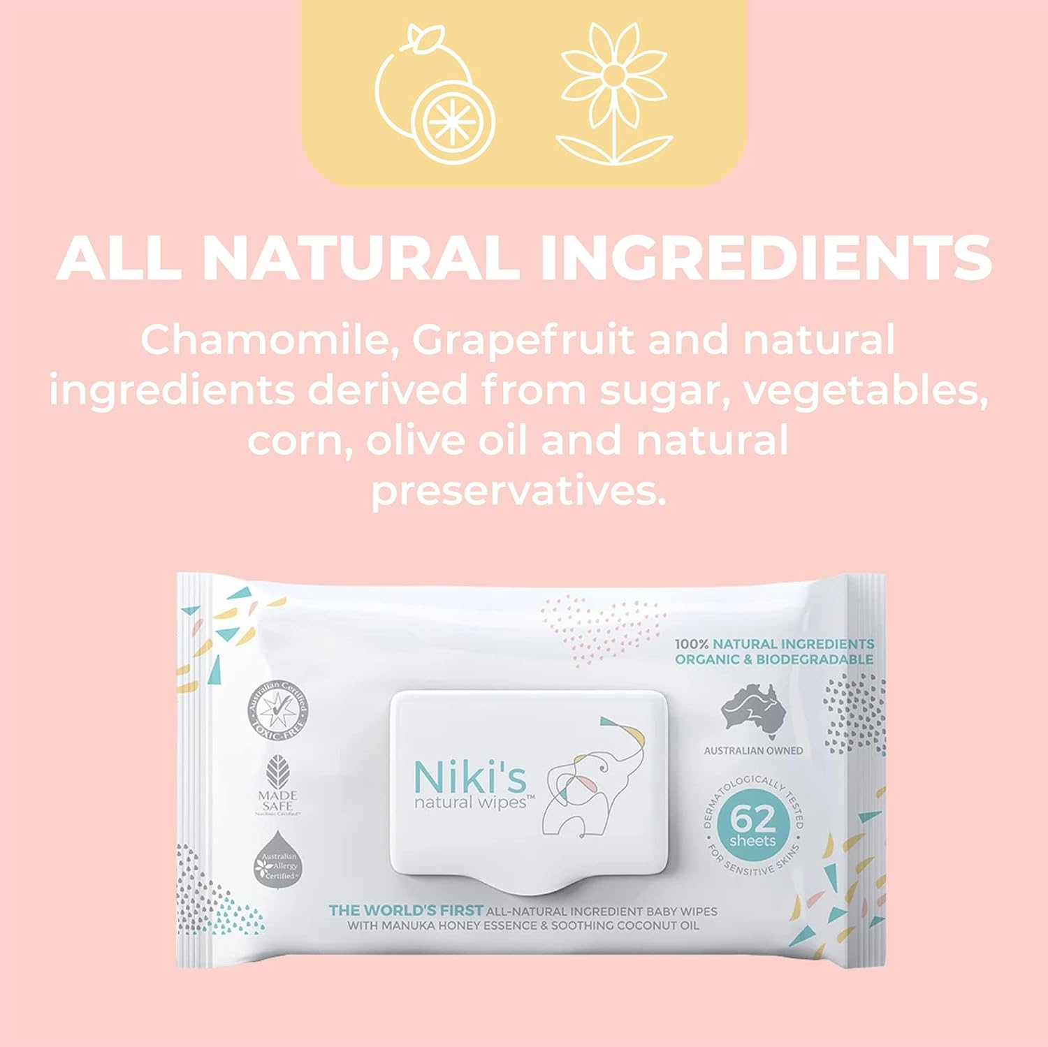 Niki'S Natural Baby Wipes | Organic Baby Wipes Sensitive | Made with Manuka Honey and Coconut Oil, Unscented | EWG Verified | 248 Wipes (4 Pack X 62 Count Wipes)