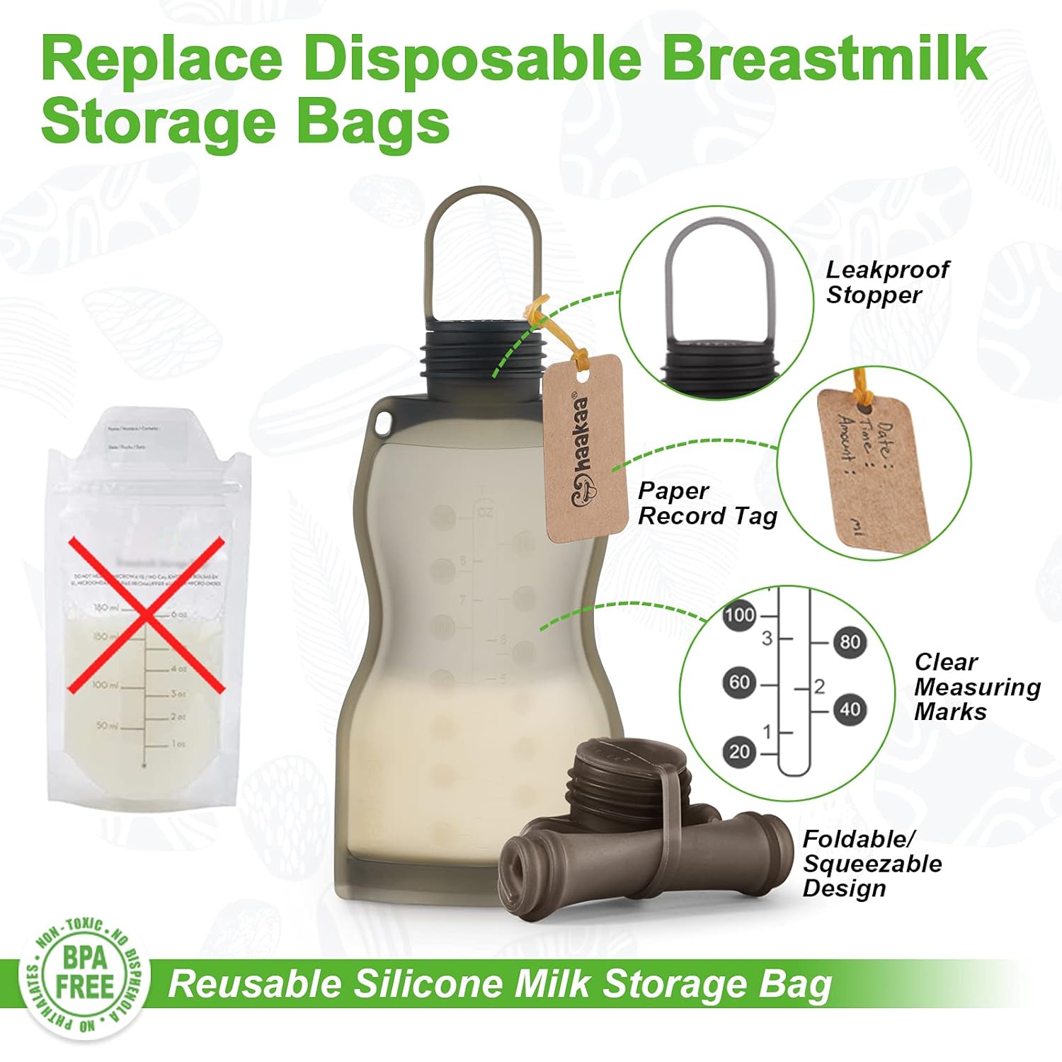 haakaa Silicone Milk Storage Bag,Reusable Breast Milk Bags l