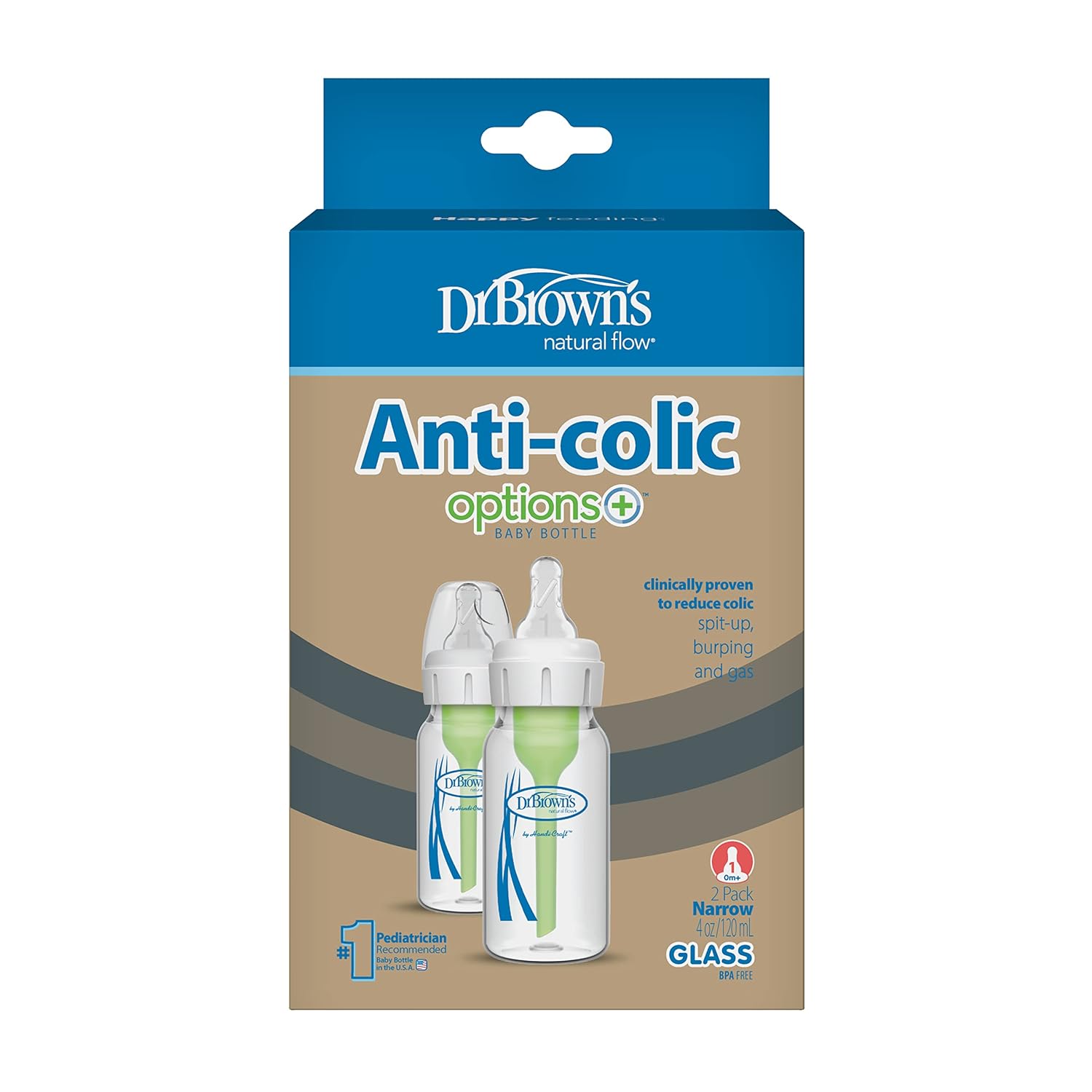 Dr. Brown’s Natural Flow® Anti-Colic Options+™ Narrow Glass Baby Bottle, with Level 1 Slow Flow Nipple