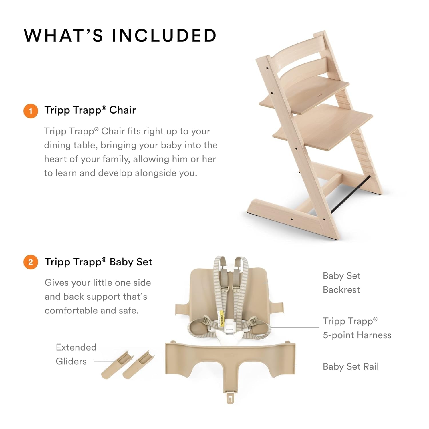 Tripp Trapp High Chair from Stokke, Natural - Adjustable, Convertible Chair for Children & Adults - Includes Baby Set with Removable Harness for Ages 6-36 Months - Ergonomic & Classic Design