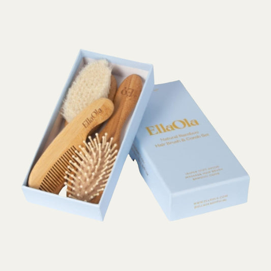 Ellaola Baby Hair Brush & Comb Set from Natural Bamboo - 3 Piece Set with Ultra Soft Bristle Cradle Cap Brush, Massage Hair Brush, Bamboo Comb for Toddlers, Newborns & Infants I Baby Registry Gift