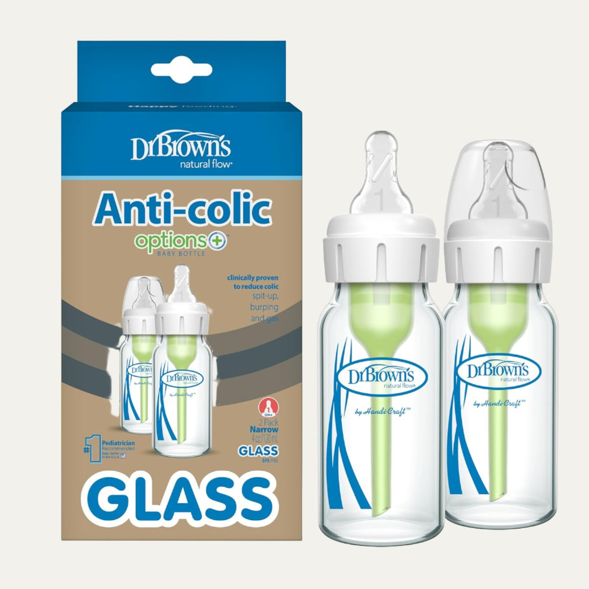 Dr. Brown’s Natural Flow® Anti-Colic Options+™ Narrow Glass Baby Bottle, with Level 1 Slow Flow Nipple