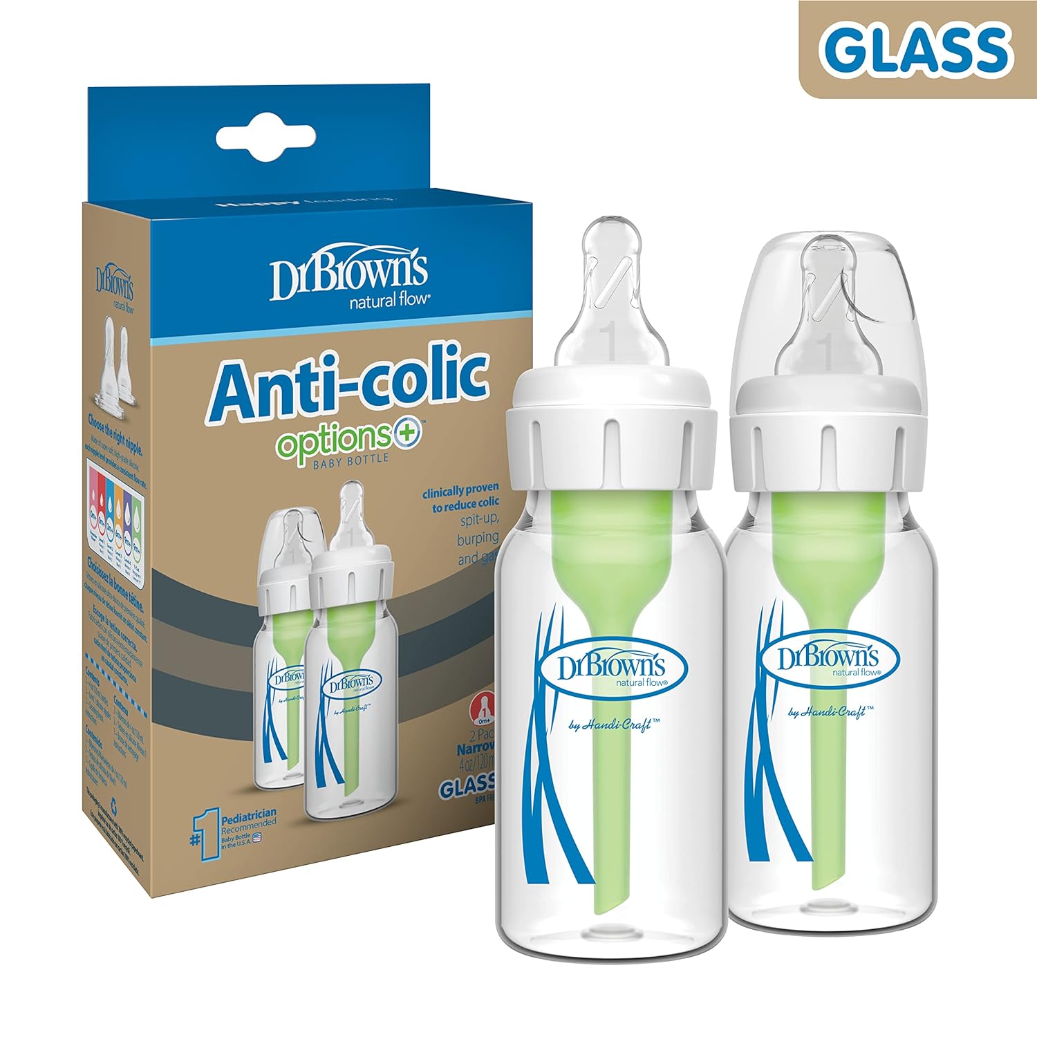 Dr. Brown’s Natural Flow® Anti-Colic Options+™ Narrow Glass Baby Bottle, with Level 1 Slow Flow Nipple