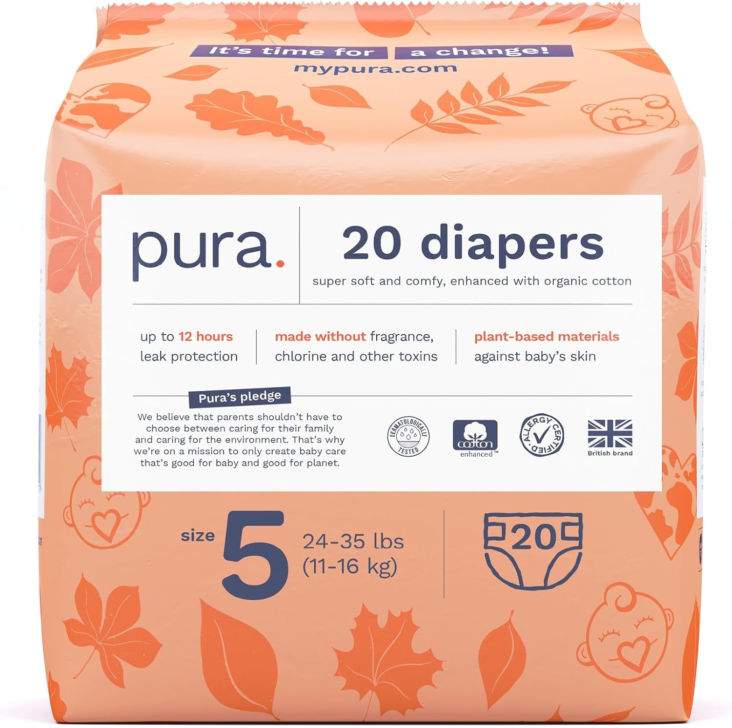 Pura Size 1 Eco-Friendly Diapers, Hypoallergenic, Soft Organic Cotton Comfort, Sustainable, Wetness Indicator Allergy UK, Recyclable Packaging, 96 Count