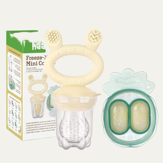 Haakaa Baby Fruit Food Feeder & Mini Freezer Nibble Tray Combo, Breastmilk Popsicle Molds for Baby Cooling Relief, BPA Free Silicone Feeder for Safe Infant Self Feeding, 4 Month+ (Oat)