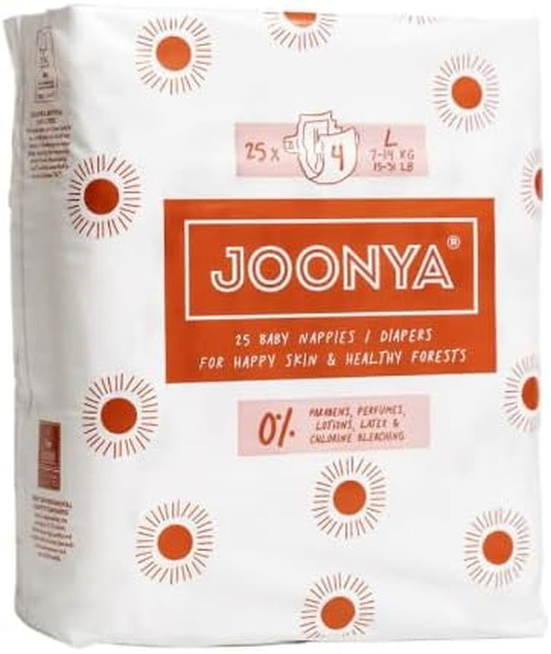 Joonya Baby Diapers, Size 4 L (15-31 Lb) - 6 Bags of 25 (150) - **New Range** - Nontoxic, Eco-Friendly, Ultra Slim, Overnight Use - Made in Denmark