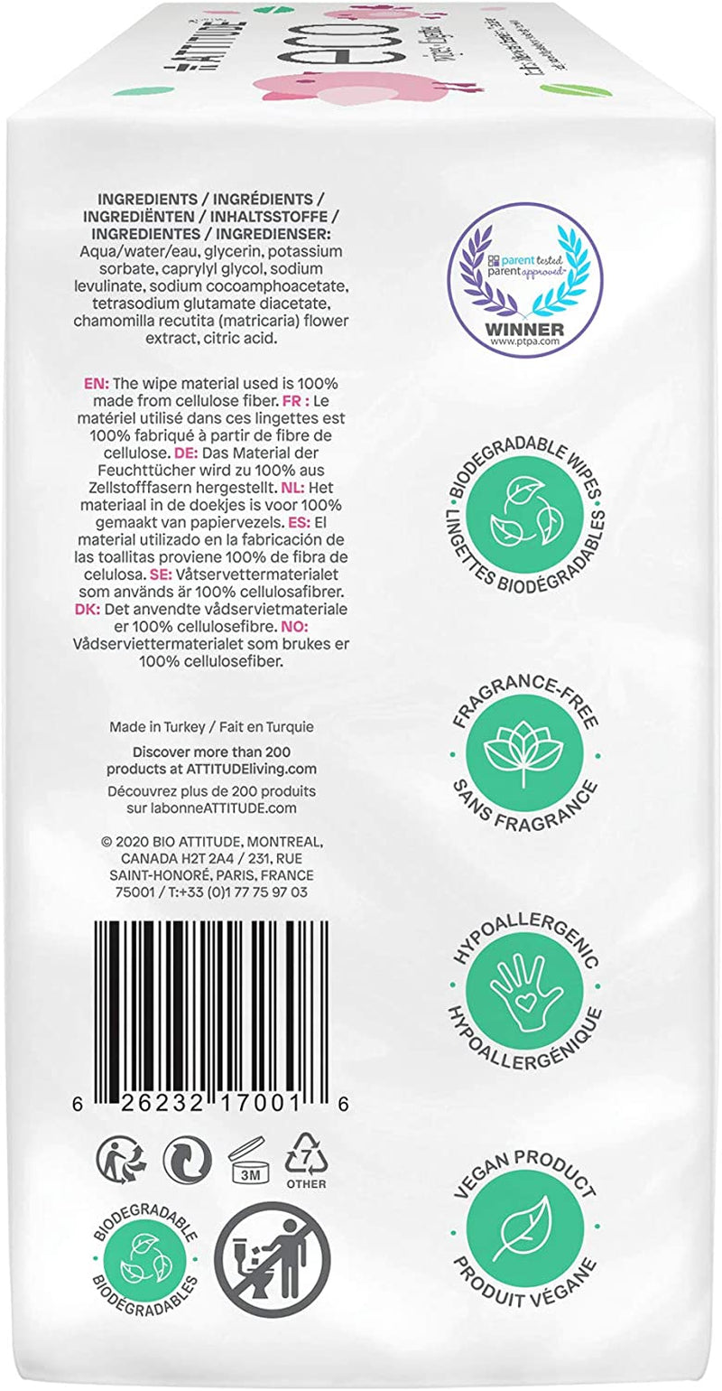 ATTITUDE Baby Wipes Refills, 100% Biodegrable Safe Natural Hypoallergenic for Sensitive Skin, EWG Verified PTPA, 3 X 72 Wipes Dispenser, 72 Count (Pack of 3)