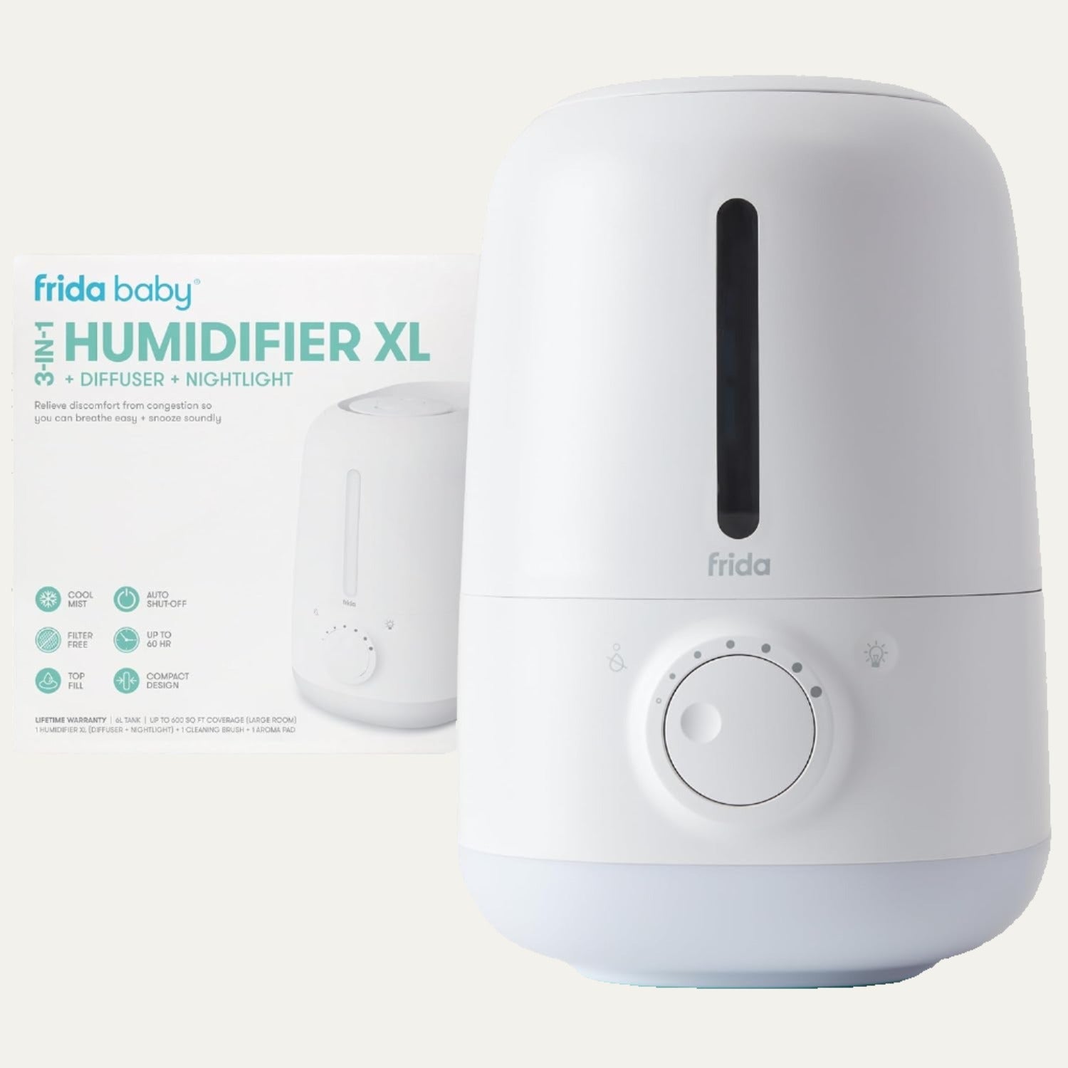 Frida Baby 3-In-1 Humidifier XL + Diffuser + Nightlight | All-Day Operation for Large Rooms, Top-Fill 6L Tank, Variable Cool-Mist Control, Auto Shut-Off, Quiet, Carry Handle, Night Light, Diffuser