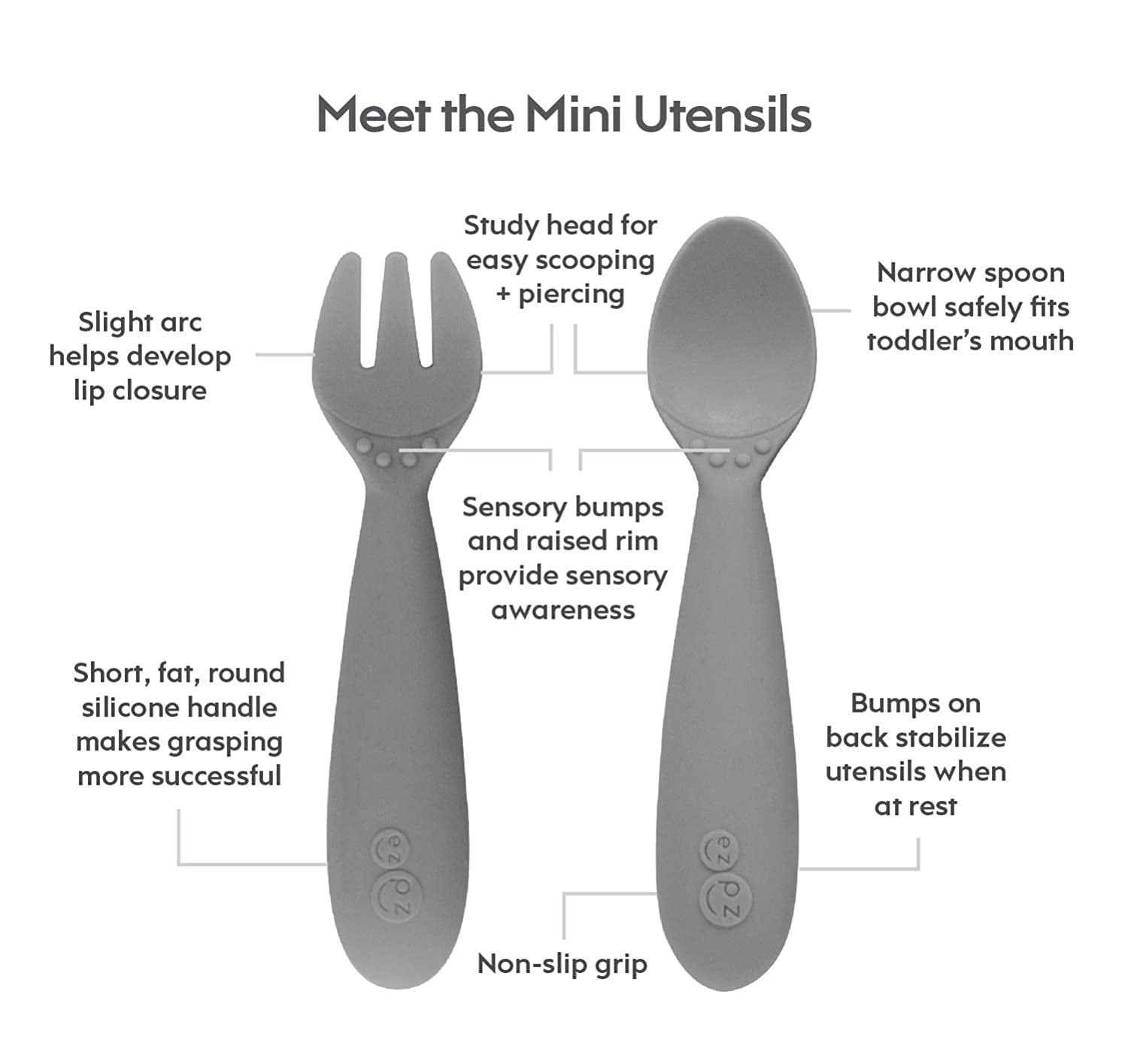 Ezpz Mini Utensils (Fork & Spoon in Gray) - 100% BPA Free Fork and Spoon for Toddlers First Foods + Self-Feeding - Designed by a Pediatric Feeding Specialist - 12 Months+