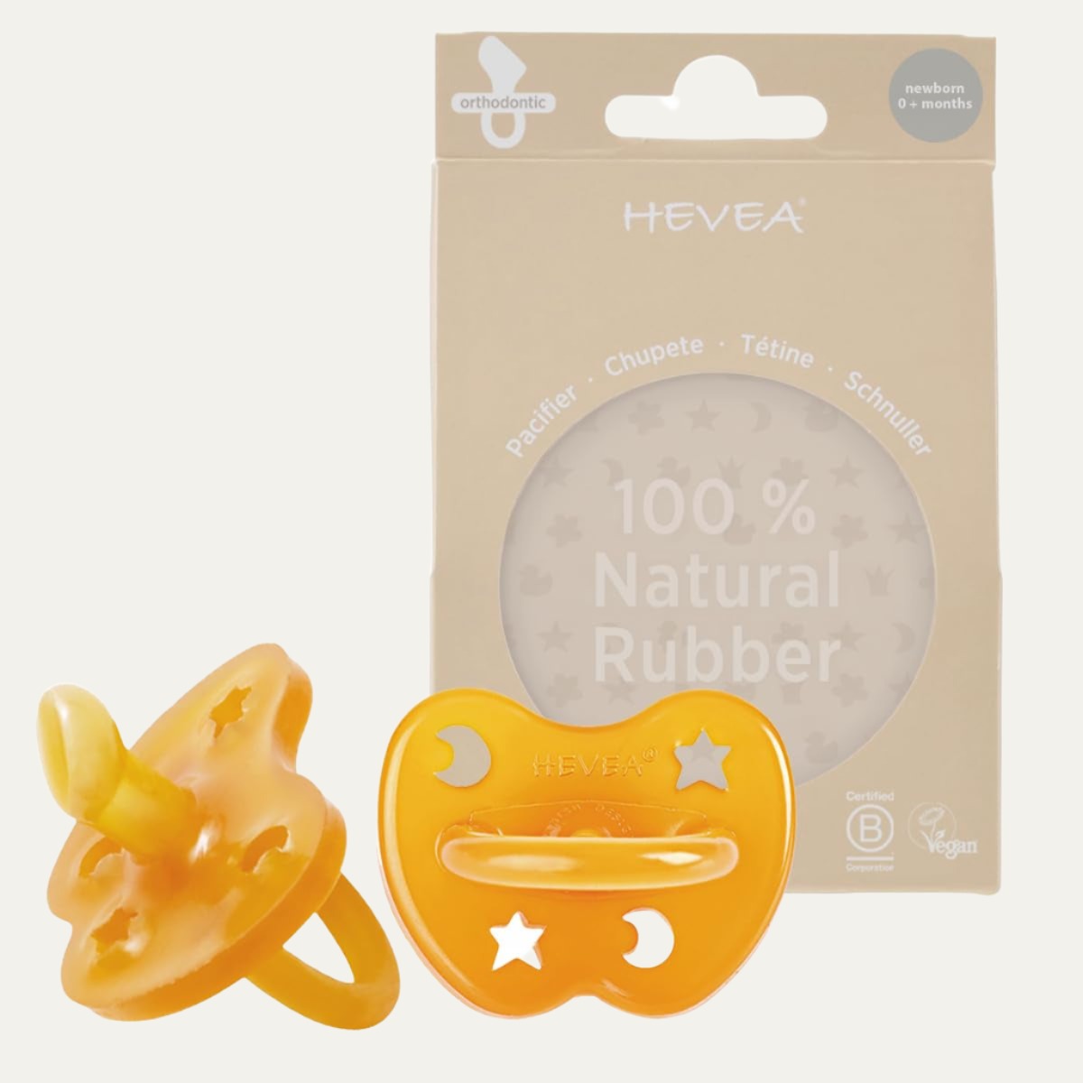 HEVEA Natural Rubber Pacifier Orthodontic Newborn 0+ Months Two-Pack - Natural